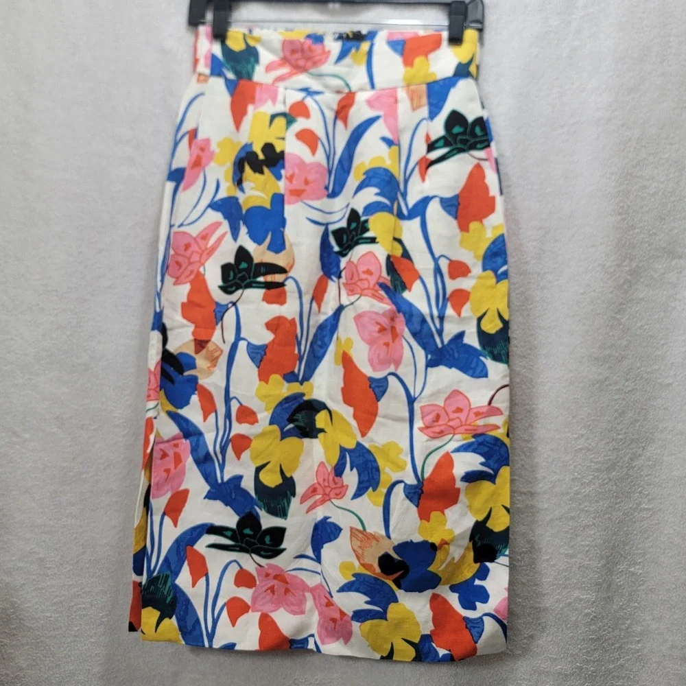 J.Crew Floral Pintucked Linen Midi Skirt Morning Floral Lined Size‎ 2 Artsy Chic
